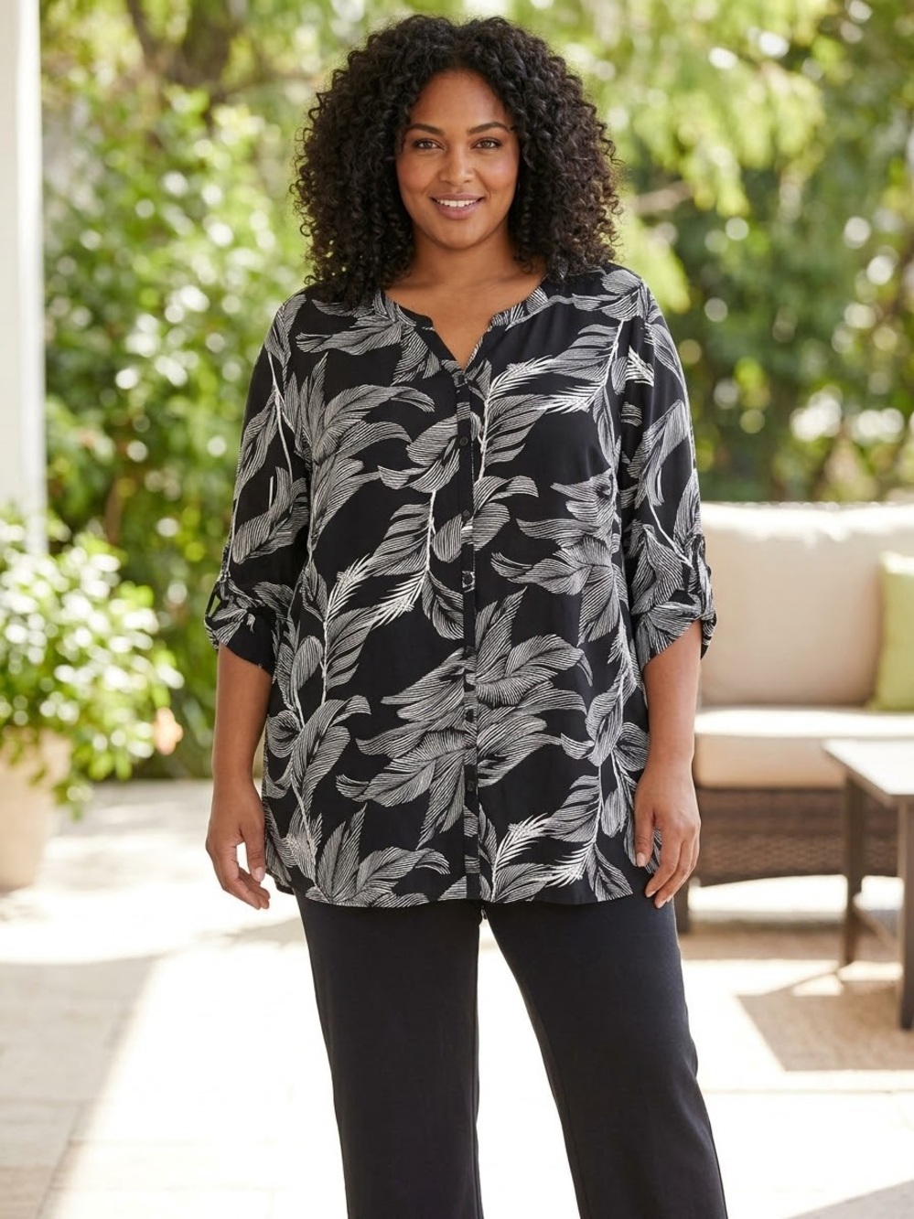 Catherines Floral Leaf Button Up Blouse Womens Size 3X Roll Tab Sleeves